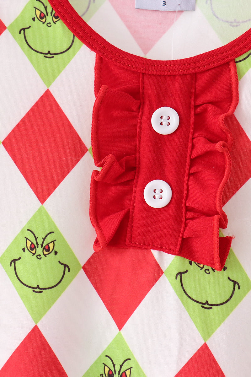 Red grinch print ruffle pajama set