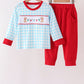 Blue puppy embroidery gingham jogger set