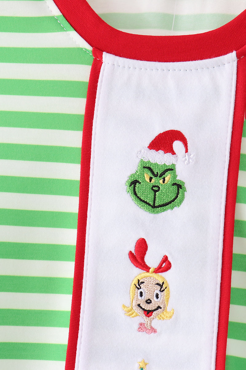 Green stripe grinch embroidery pajama set