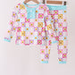Blue smiling checkered ruffle bamboo pajama set