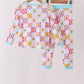 Blue smiling checkered ruffle bamboo pajama set