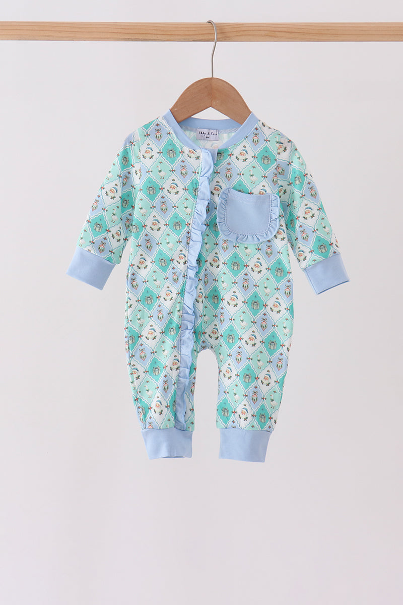 Green santa print ruffle romper