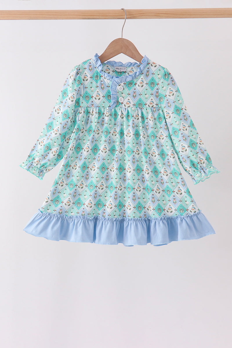 Green santa print ruffle dress