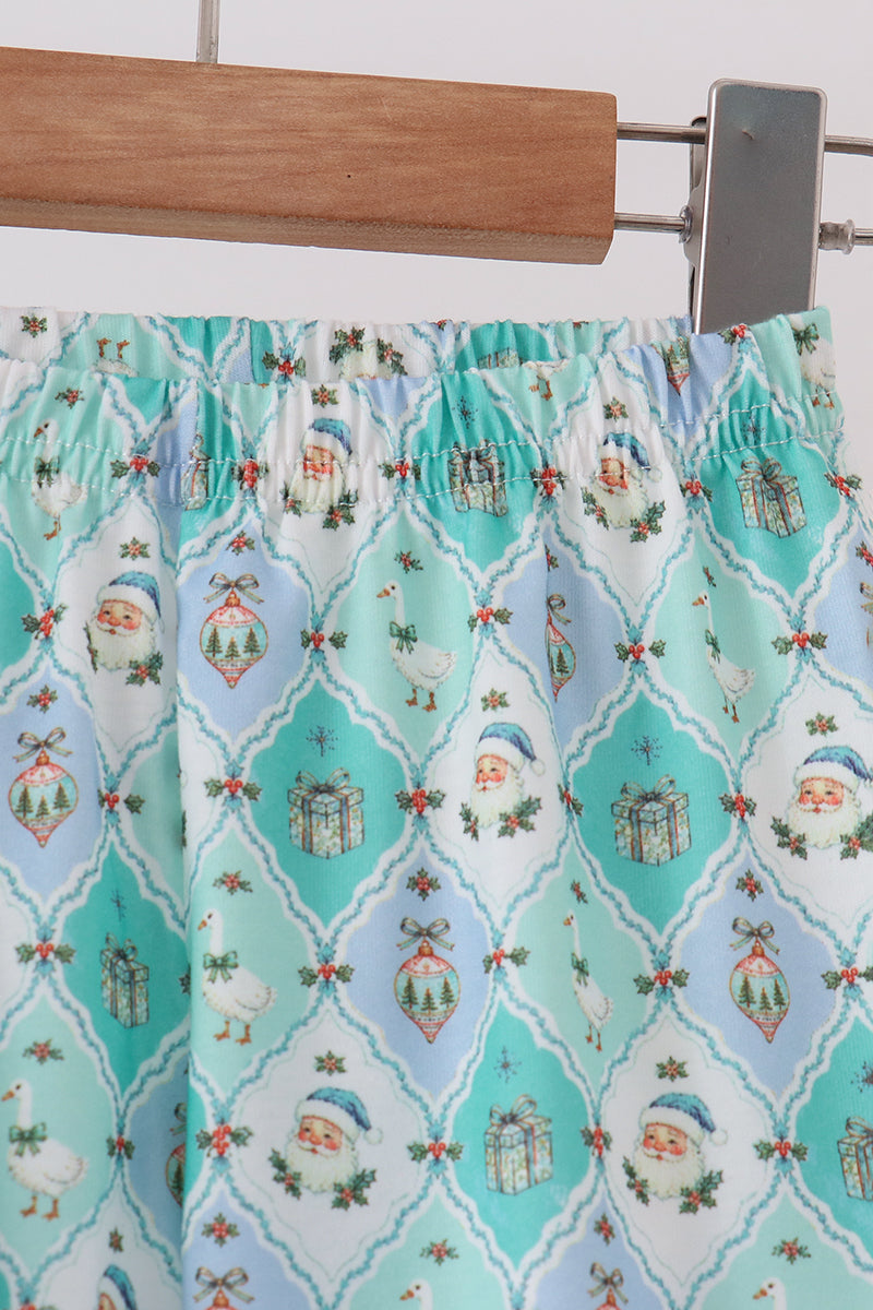 Green santa print ruffle pajama set