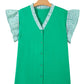 Dark Green Plus Size Button Front Ruffled Stripe Trim V Neck Flutter Sleeve Blouse