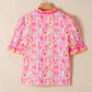 Pink Poppy Flower Striped Print Color Block Trim V Neck Short Sleeve Blouse