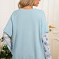 Beau Blue Floral Lace Sleeve Patchwork Waffle Fake Two-piece Top