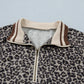 Khaki Leopard Print Half Zip Striped Trim Patchwork Short Sleeve Top