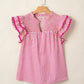 Rose Stripe Shirred Yoke Ruffled Short Sleeve Blouse