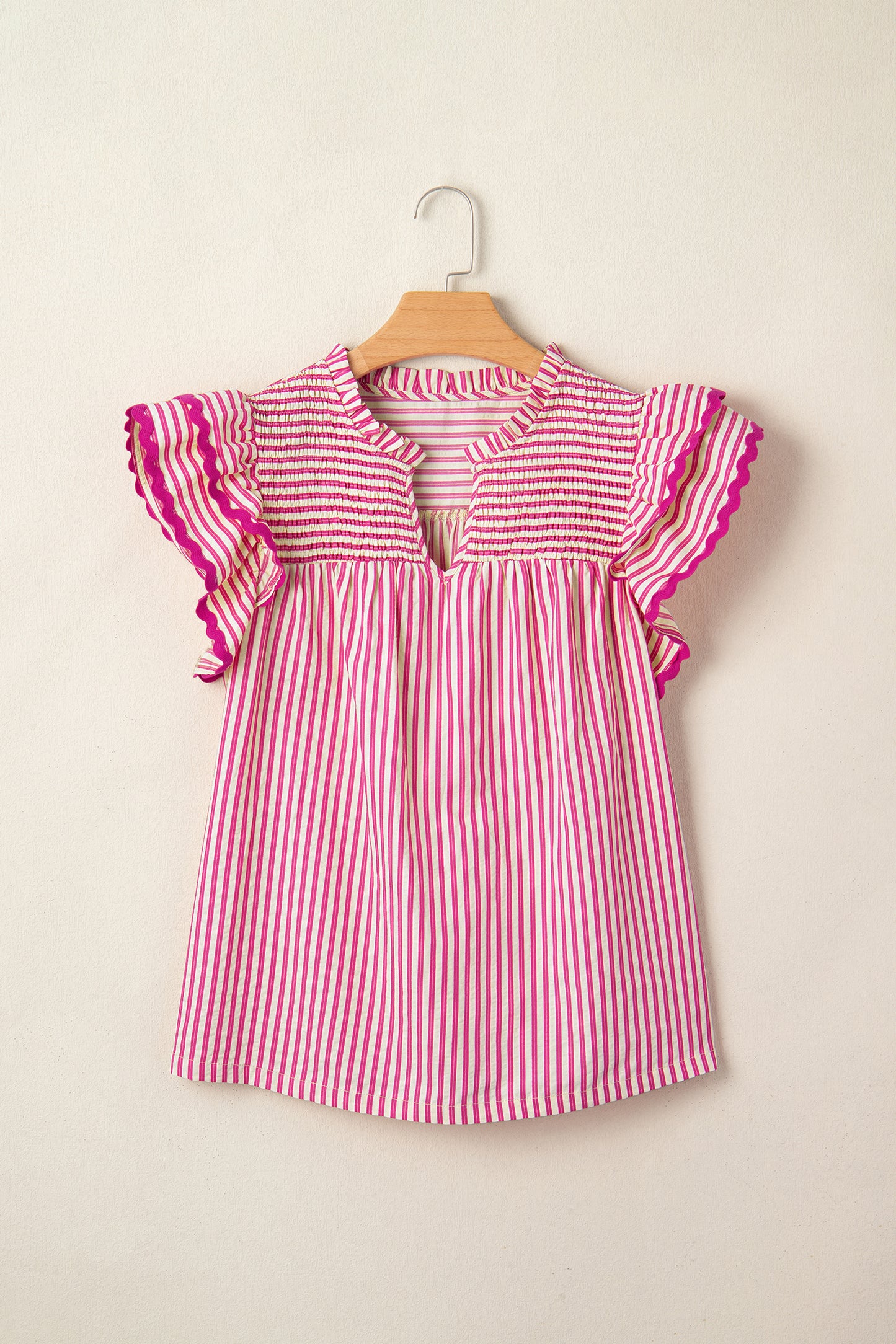 Rose Stripe Shirred Yoke Ruffled Short Sleeve Blouse