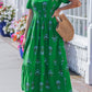 Green Floral Print Split Neck Shirred High Waist Ruffle Hem Maxi Dress