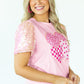 Light Pink Three Sweet Hearts Printed Sequin Trim Contrast Sleeve Patchwork Tee
