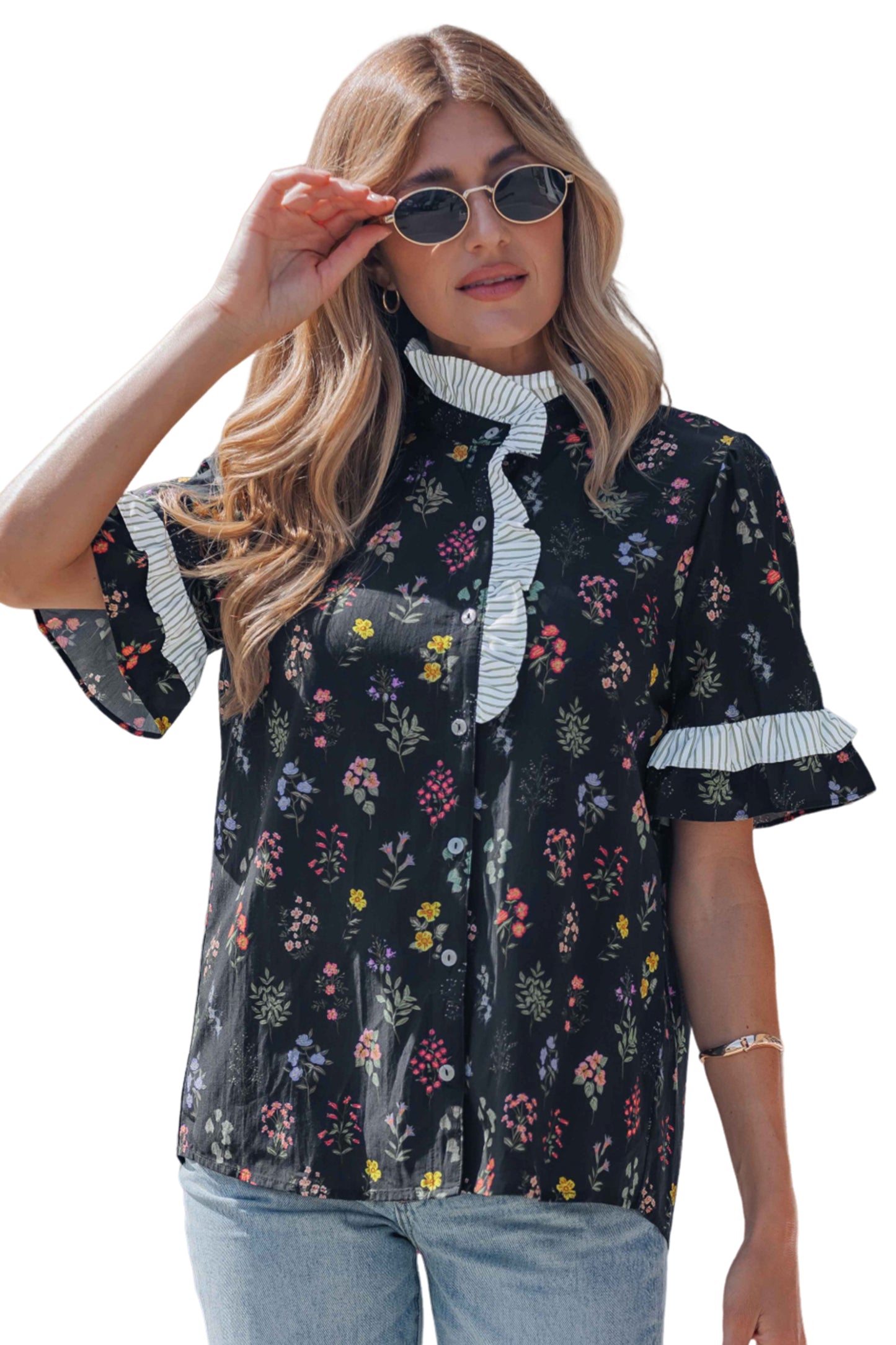 Black Contrast Frilled Trim Short Sleeve Floral Shirt