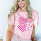 Light Pink Three Sweet Hearts Printed Sequin Trim Contrast Sleeve Patchwork Tee