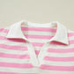 Pink Stripe Collar V Neck Ruffled Short Sleeve Blouse