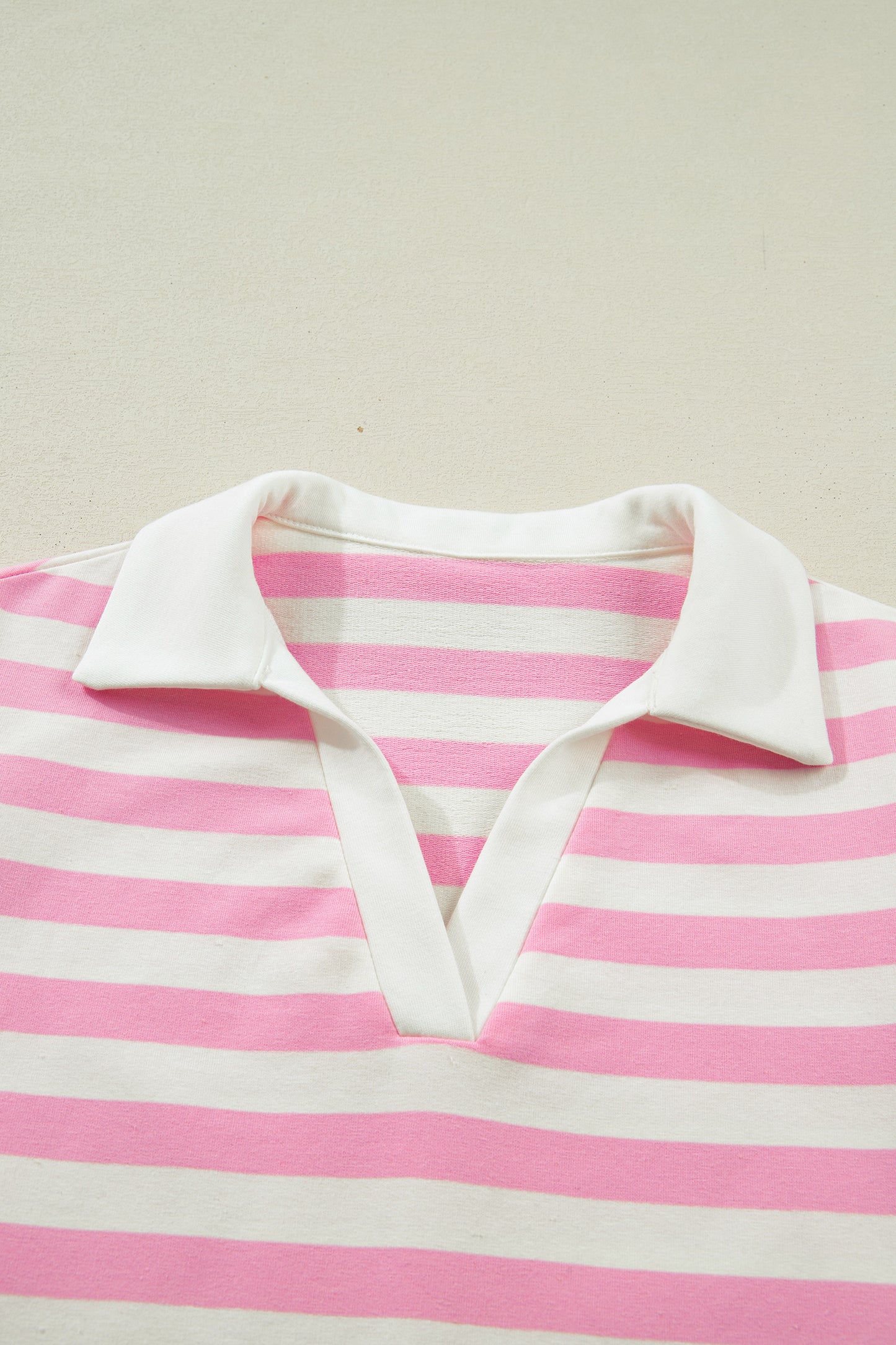 Pink Stripe Collar V Neck Ruffled Short Sleeve Blouse