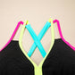 Black Floral Textured Neon Trim V Neck Crisscross Backless Tankini Set
