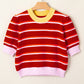 Red Stripe Colorblock Trim Half Sleeve Sweater Top