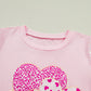 Light Pink Three Sweet Hearts Printed Sequin Trim Contrast Sleeve Patchwork Tee