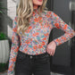 Blue Slim Fit Floral Mesh Long Sleeve Mock Neck Top