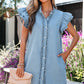 Myosotis Frilled Detail Button Down Ruffle Short Sleeve Denim Mini Dress