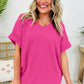 Strawberry Pink Waffle V Neck Short Sleeve Knit Top