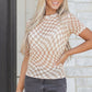 Khaki Checkered Print Mock Neck Mesh T Shirt