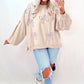 Parchment Embroidered Bow Lantern Sleeve Oversized Pullover Sweatshirt