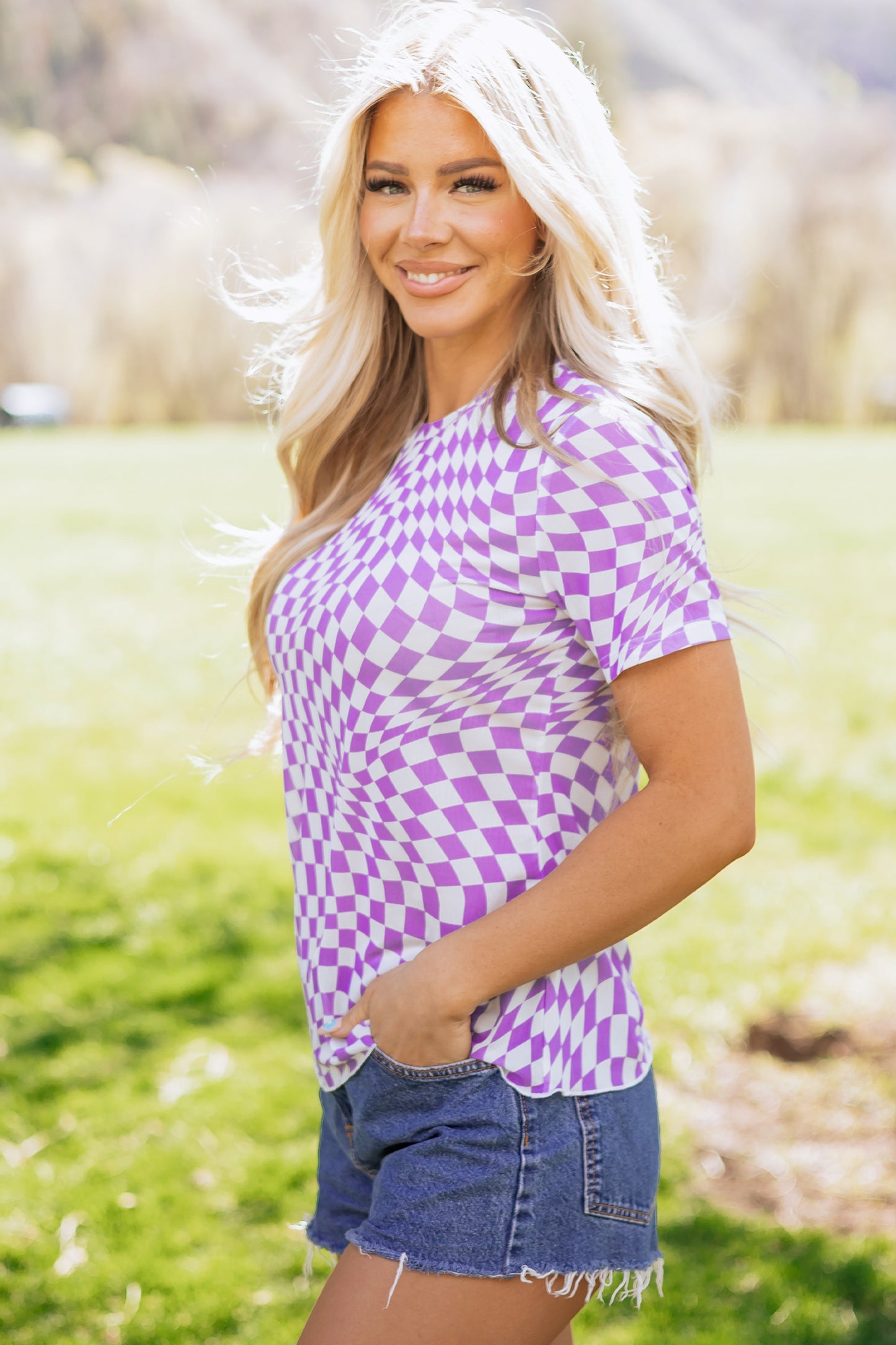 Purple Checkered Print Mock Neck Mesh T Shirt