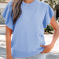 Beau Blue Solid Color Ribbed Trim Round Neck Ruffle Short Sleeve Sweater