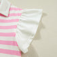 Pink Stripe Collar V Neck Ruffled Short Sleeve Blouse