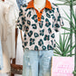 Casual Unique Leopard Print Button Contrast Collared Short Sleeve Blouse