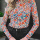 Blue Slim Fit Floral Mesh Long Sleeve Mock Neck Top