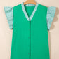 Dark Green Plus Size Button Front Ruffled Stripe Trim V Neck Flutter Sleeve Blouse