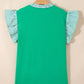 Dark Green Plus Size Button Front Ruffled Stripe Trim V Neck Flutter Sleeve Blouse