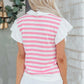Pink Stripe Collar V Neck Ruffled Short Sleeve Blouse