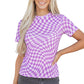 Purple Checkered Print Mock Neck Mesh T Shirt