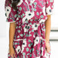 Red Floral Print Trimmed Short Puff Sleeve Mini Dress with Belt