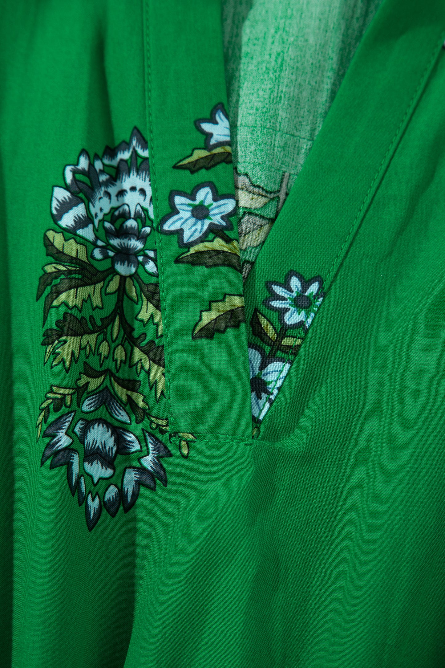 Green Floral Print Split Neck Shirred High Waist Ruffle Hem Maxi Dress