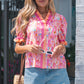 Pink Poppy Flower Striped Print Color Block Trim V Neck Short Sleeve Blouse