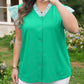Dark Green Plus Size Button Front Ruffled Stripe Trim V Neck Flutter Sleeve Blouse