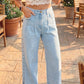 Beau Blue Studded Side Slit Leg Frayed Pocketed Wide Leg Jeans