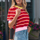 Red Stripe Colorblock Trim Half Sleeve Sweater Top