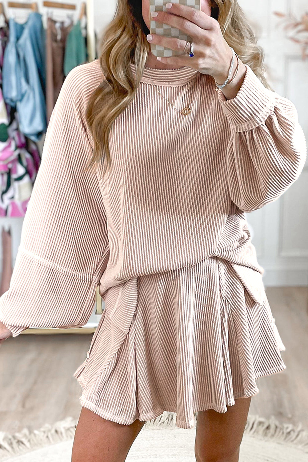 Jet Stream Corded Lantern Sleeve Top High Waist Ruffled Mini Skort Set