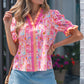 Pink Poppy Flower Striped Print Color Block Trim V Neck Short Sleeve Blouse