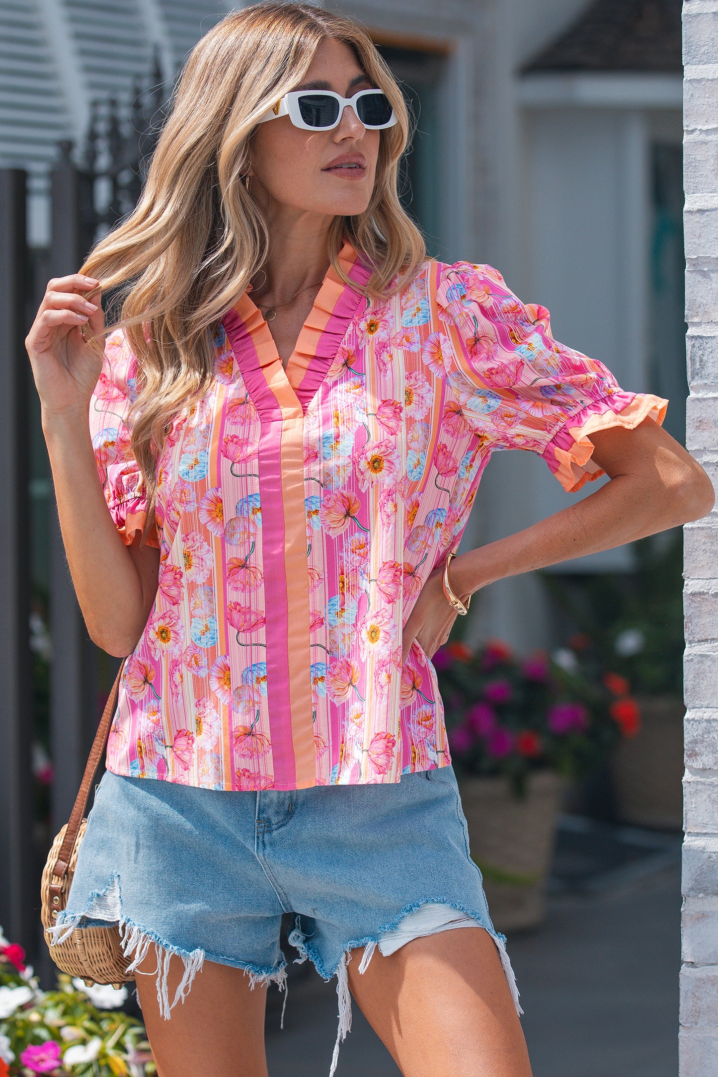 Pink Poppy Flower Striped Print Color Block Trim V Neck Short Sleeve Blouse