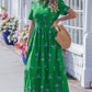 Green Floral Print Split Neck Shirred High Waist Ruffle Hem Maxi Dress