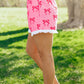 Pink Bow Print Striped Patchwork Elastic Waist Lace Trim Loose Shorts