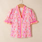 Pink Poppy Flower Striped Print Color Block Trim V Neck Short Sleeve Blouse