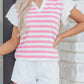 Pink Stripe Collar V Neck Ruffled Short Sleeve Blouse